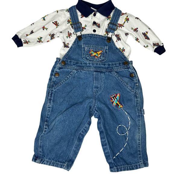 Vintage Miniwear Denim Overalls Shirt Set Embroidered Airplane Baby 6-9 Months